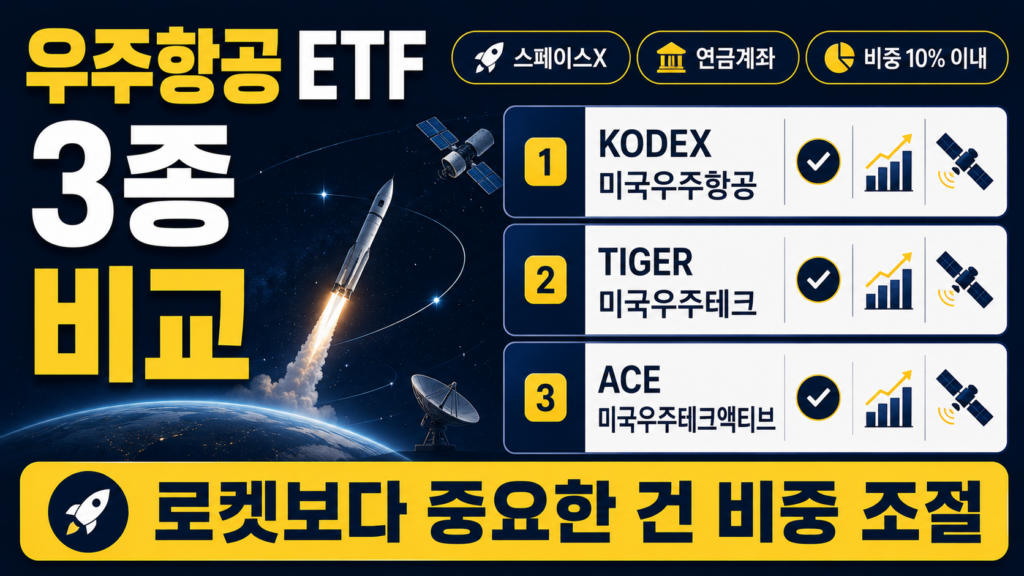 우주항공 ETF 3종인 KODEX 미국우주항공, TIGER 미국우주테크, ACE 미국우주테크액티브를 비교하고 연금계좌 편입 기준을 설명한 썸네일